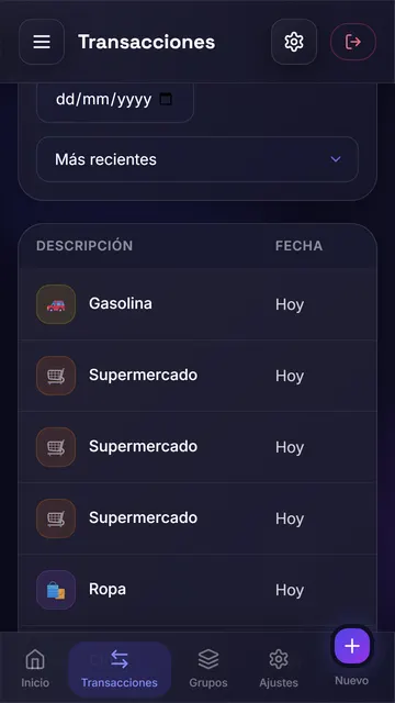 Lista de transacciones