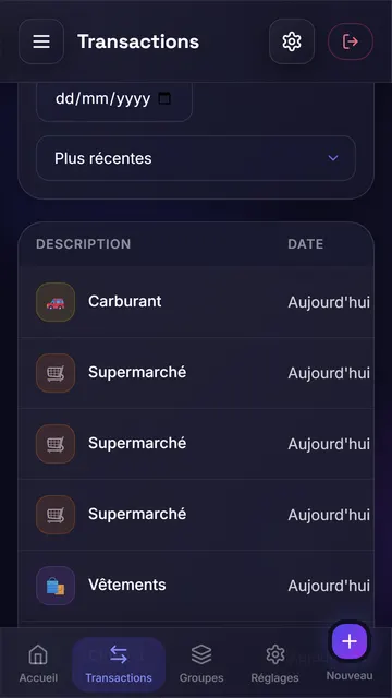 Liste des transactions